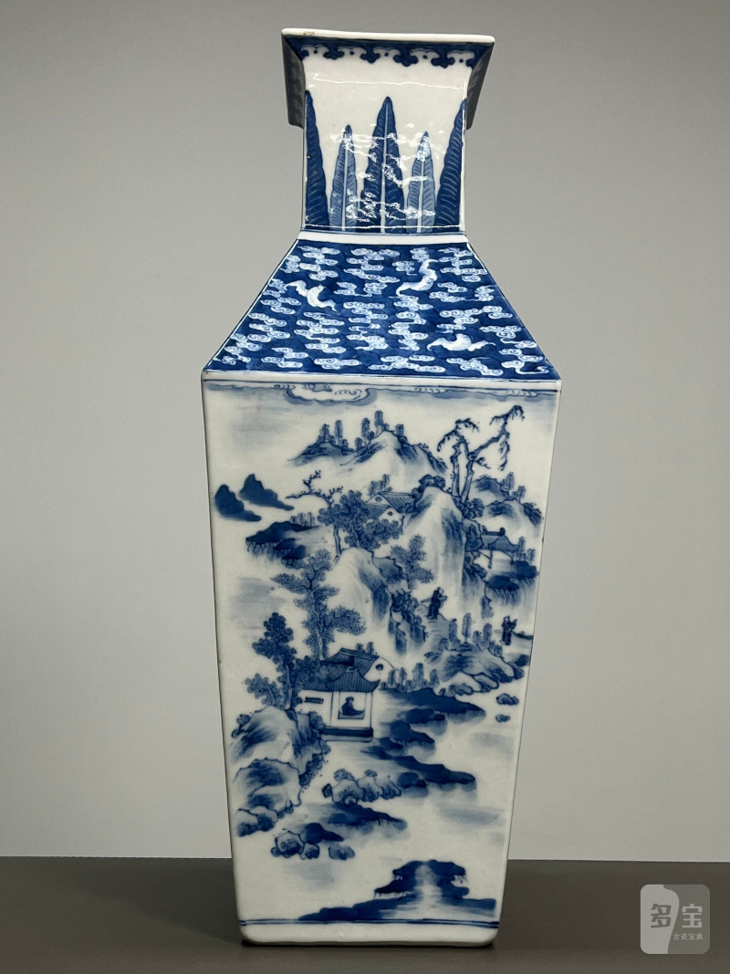 清中期  青花文人山水云蝠纹四方大尊 - 图3